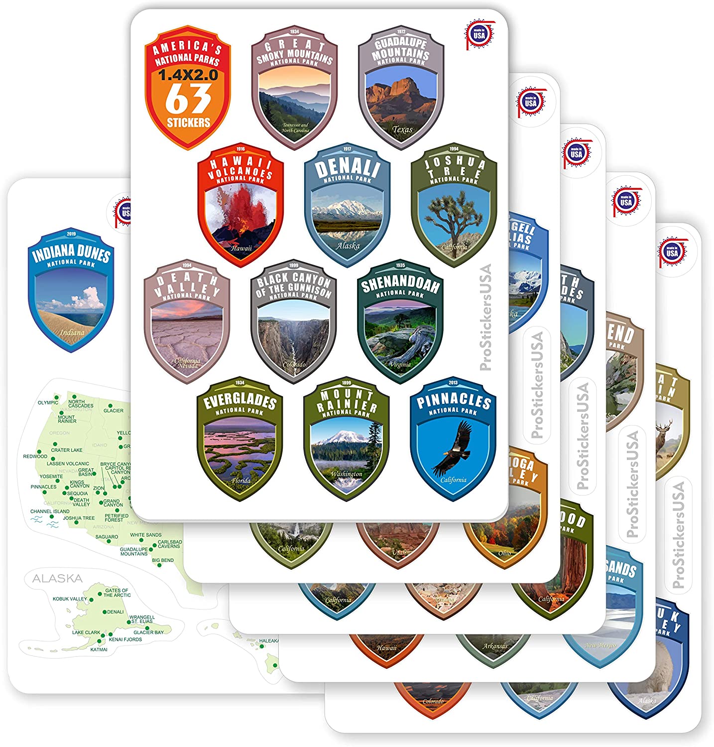 1.4 x 2.0 Shields Collection Stickers Set 63 National Parks USA. Map of US National Parks.