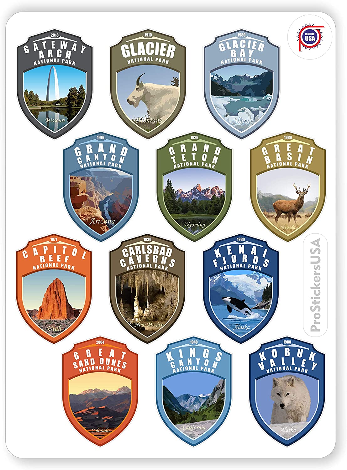 2.0 x 2.9 Shield Collection Stickers Set 63 National Parks USA. Map of US National Parks.