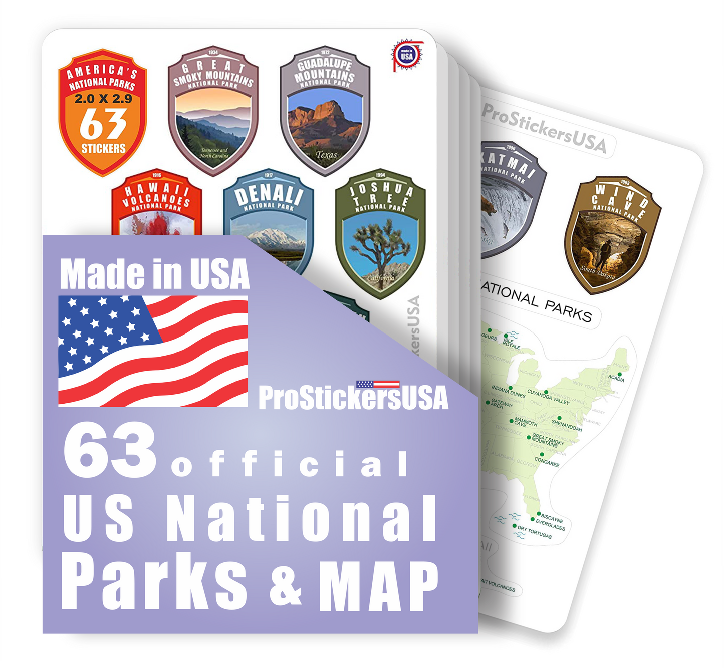 2.0 x 2.9 Shield Collection Stickers Set 63 National Parks USA. Map of US National Parks.