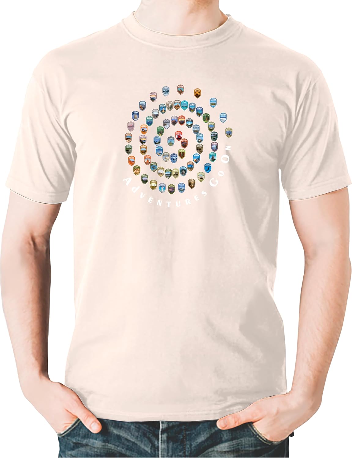 The T-shirt features all 63 US National Parks in a spiral design.