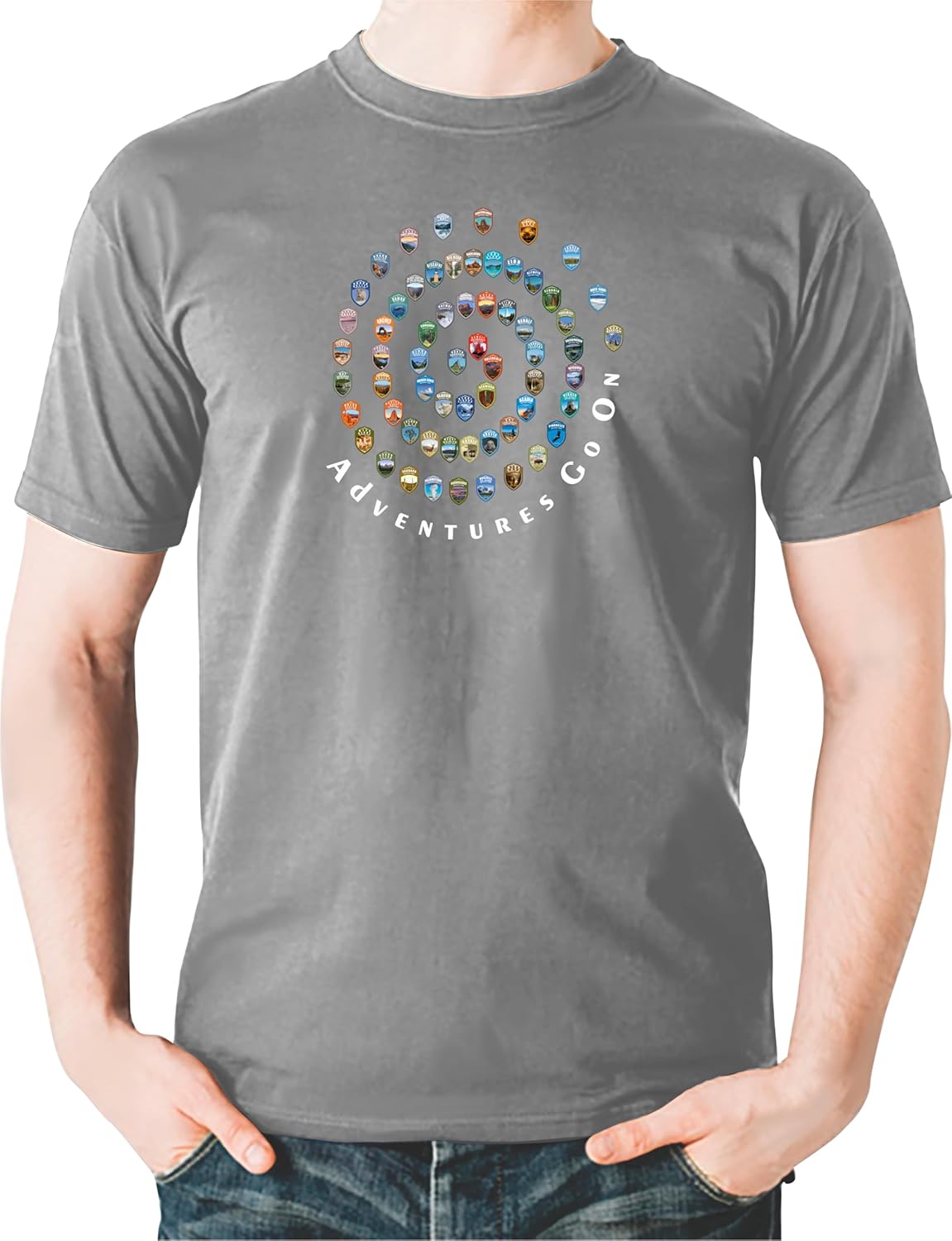 The T-shirt features all 63 US National Parks in a spiral design.