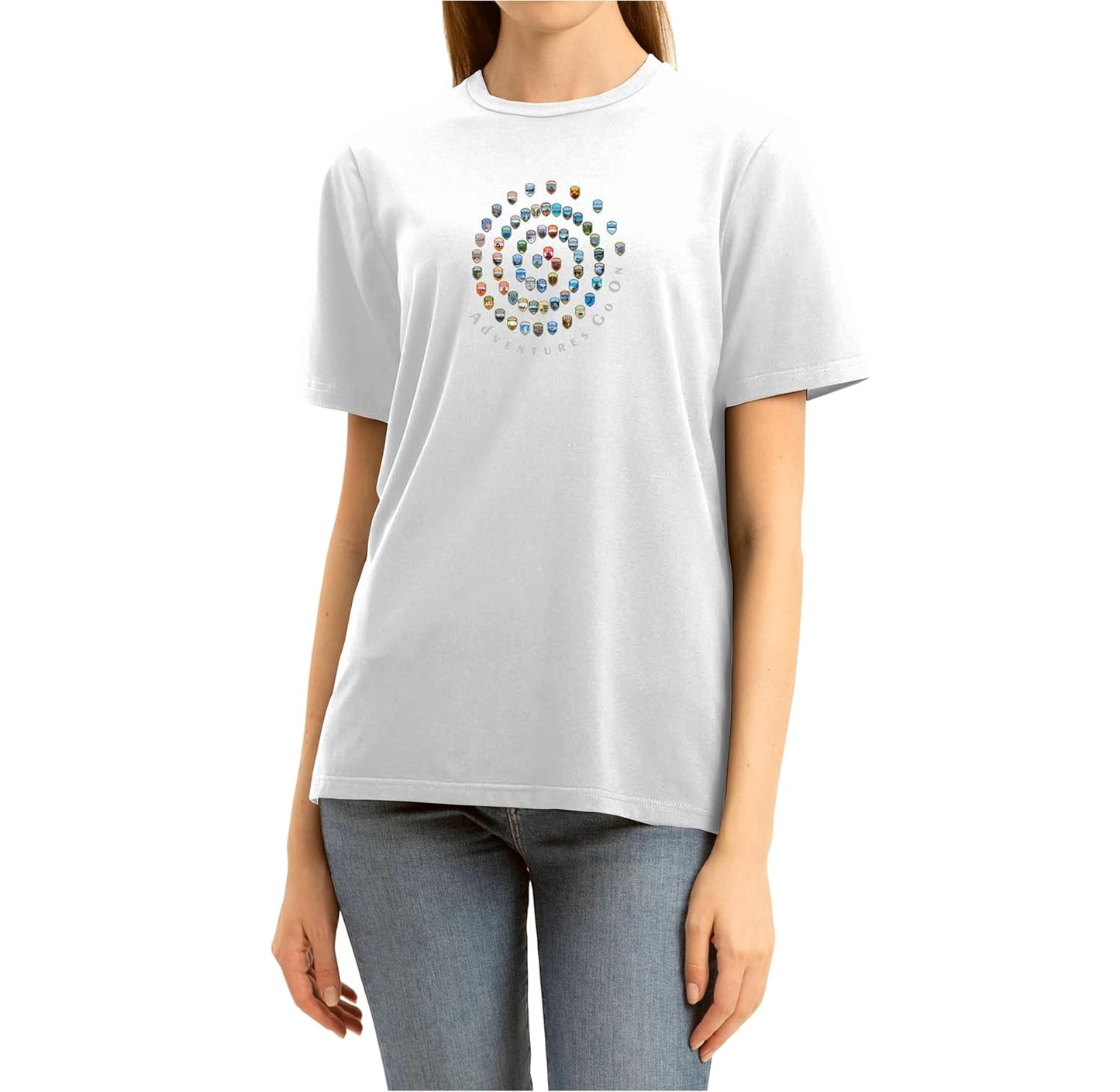 The T-shirt features all 63 US National Parks in a spiral design.