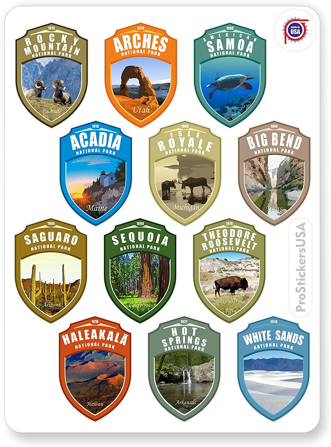 1.4 x 2.0 Shields Collection Stickers Set 63 National Parks USA. Map of US National Parks.