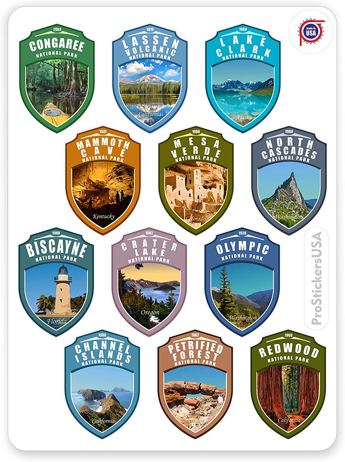 1.4 x 2.0 Shields Collection Stickers Set 63 National Parks USA. Map of US National Parks.