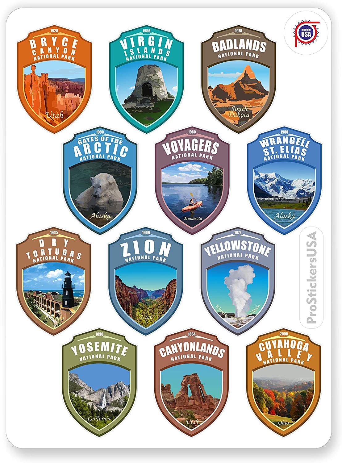 1.4 x 2.0 Shields Collection Stickers Set 63 National Parks USA. Map of US National Parks.