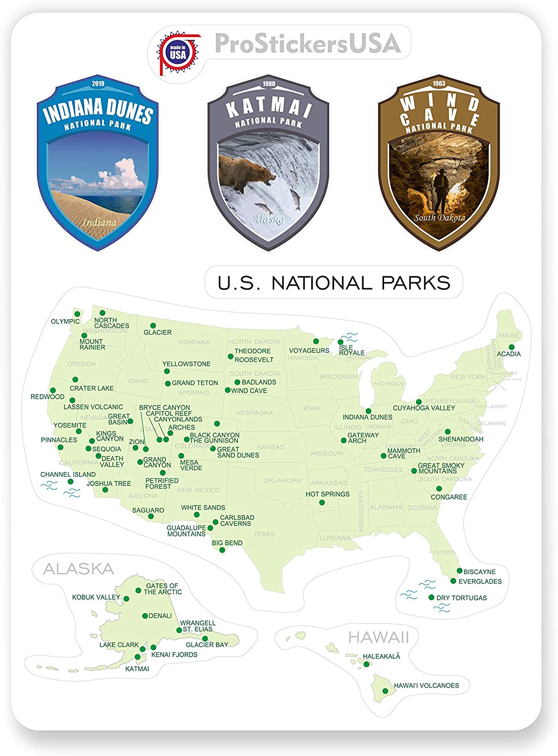 1.4 x 2.0 Shields Collection Stickers Set 63 National Parks USA. Map of US National Parks.