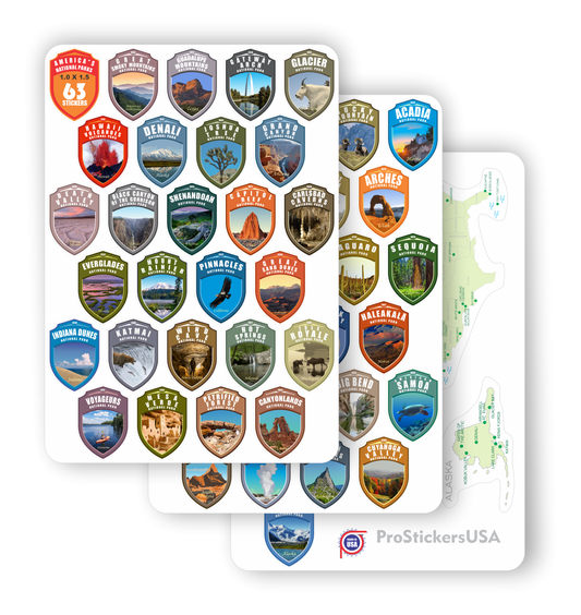 1 x 1.5 inch. 63 Stickers Set All National Parks USA with Location Map. Weatherproof Bucket List Passport Book National Parks Colors Vinyl Stickers. Decals for Travel Book, Bottles, Laptop, Phone.
