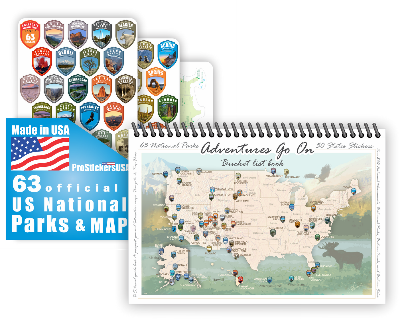 Adventures Go On. The COLOR Book 2025 (150 pages) is a guide to the National Parks of the United States of America with complete stickers for all 63 US National Parks.