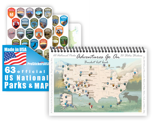 Adventures Go On. The COLOR Book 2025 (150 pages) is a guide to the National Parks of the United States of America with complete stickers for all 63 US National Parks.