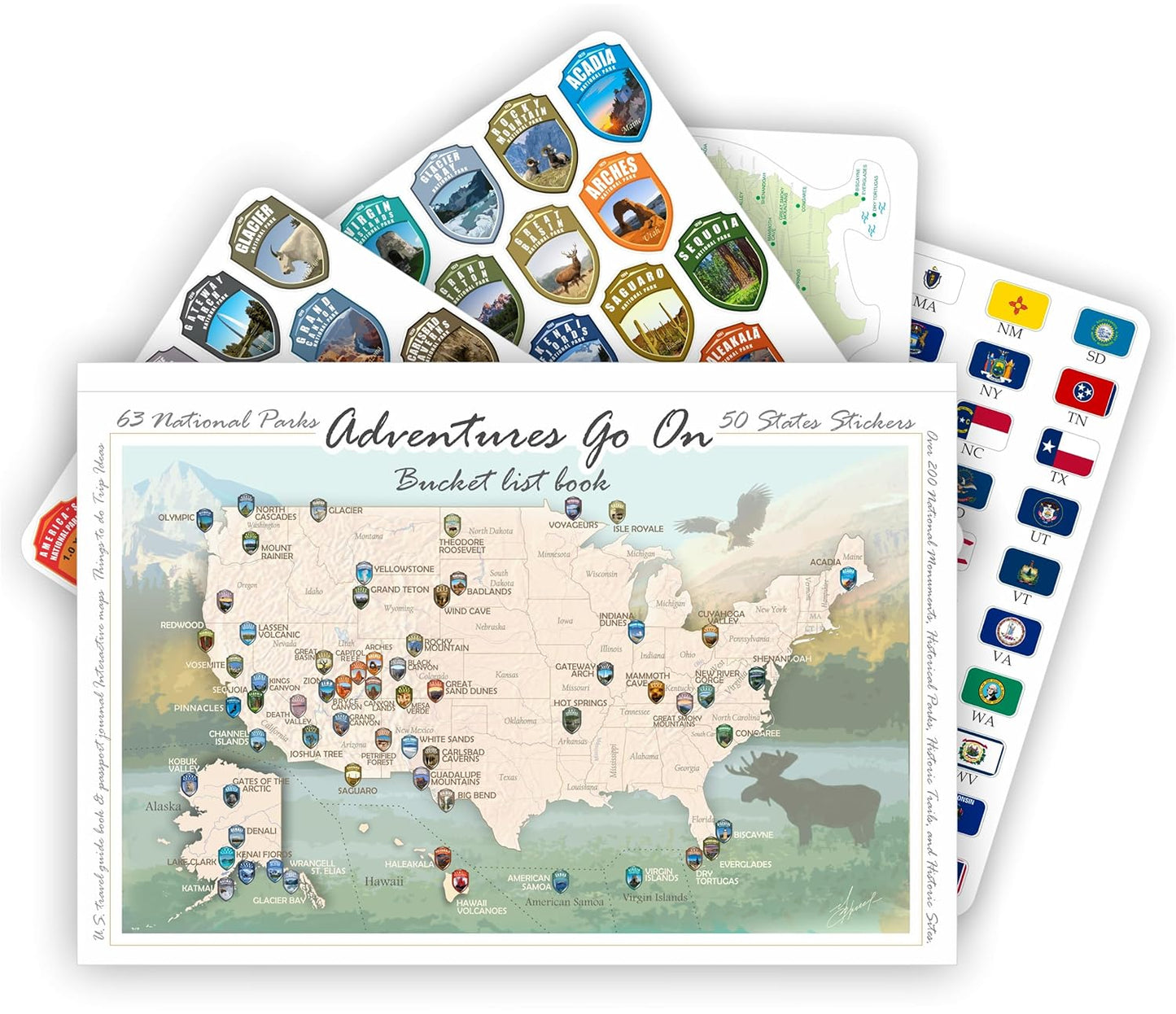 Adventures Go On. The black/white book 2024 (170 pages) is a guide to the National Parks of the United States of America with complete stickers for all 63 US National Parks.