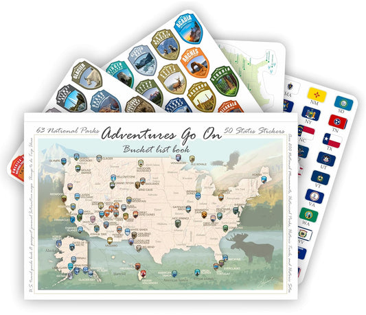 Adventures Go On. The black/white book 2024 (170 pages) is a guide to the National Parks of the United States of America with complete stickers for all 63 US National Parks.