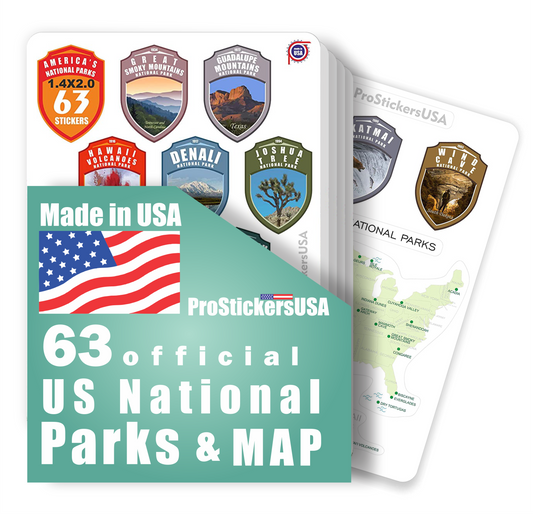 1.4 x 2.0 Shields Collection Stickers Set 63 National Parks USA. Map of US National Parks.