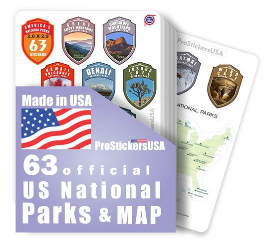 2.0 x 2.9 Shield Collection Stickers Set 63 National Parks USA. Map of US National Parks.